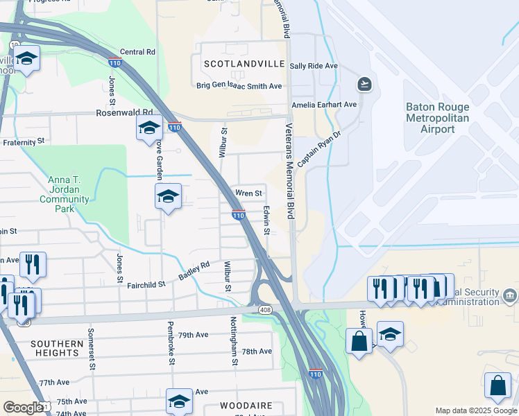map of restaurants, bars, coffee shops, grocery stores, and more near 8707 Edwin Street in Baton Rouge