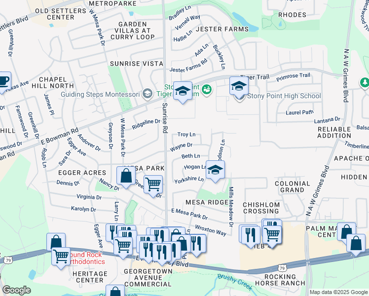 map of restaurants, bars, coffee shops, grocery stores, and more near 1301 Wayne Drive in Round Rock