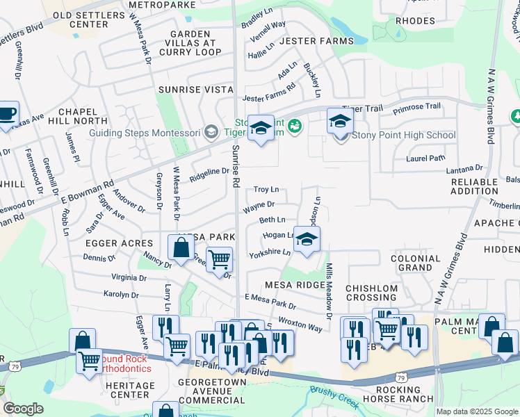 map of restaurants, bars, coffee shops, grocery stores, and more near 1301 Wayne Drive in Round Rock