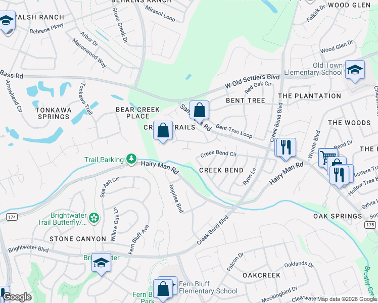 map of restaurants, bars, coffee shops, grocery stores, and more near 2802 Creek Bend Circle in Round Rock