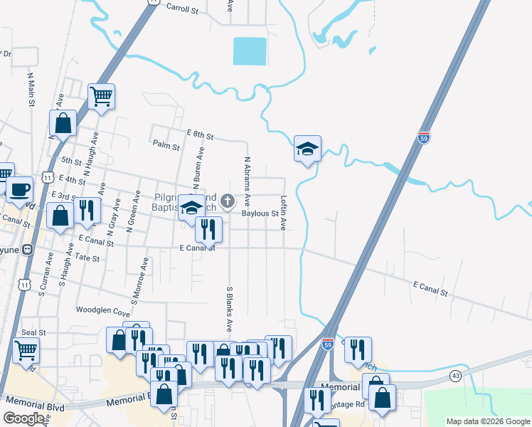 map of restaurants, bars, coffee shops, grocery stores, and more near 1200 Baylous Street in Picayune