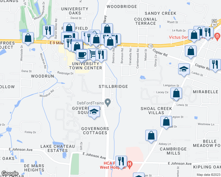 map of restaurants, bars, coffee shops, grocery stores, and more near 9212 Stillbridge Lane in Pensacola