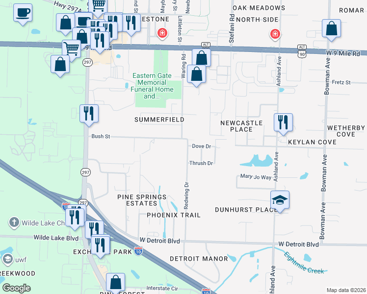 map of restaurants, bars, coffee shops, grocery stores, and more near 8781 Redwing Drive in Pensacola