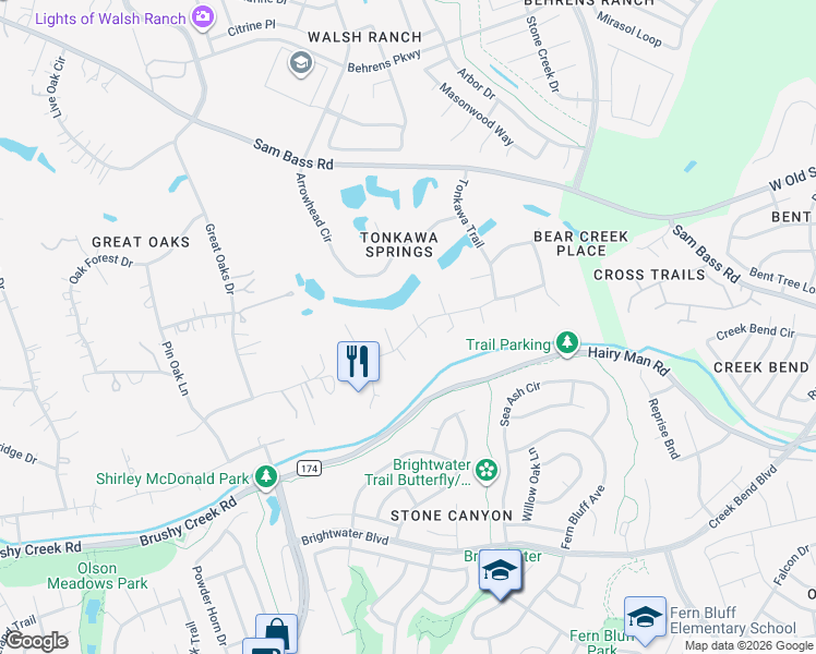 map of restaurants, bars, coffee shops, grocery stores, and more near 1800 Sun Lake in Round Rock