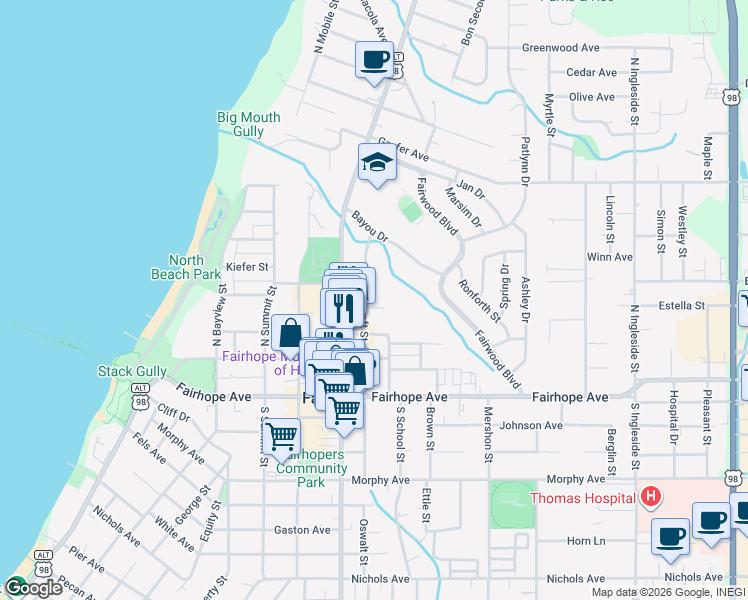 map of restaurants, bars, coffee shops, grocery stores, and more near 451 Pine Street in Fairhope