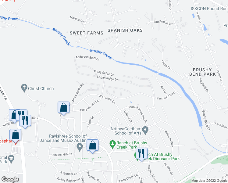 map of restaurants, bars, coffee shops, grocery stores, and more near Brahman Road in Cedar Park