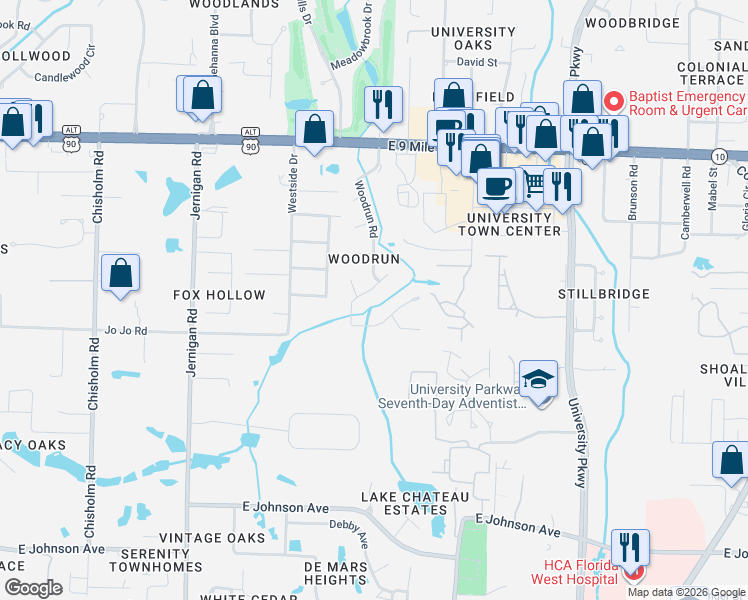 map of restaurants, bars, coffee shops, grocery stores, and more near 9154 Woodrun Road in Pensacola