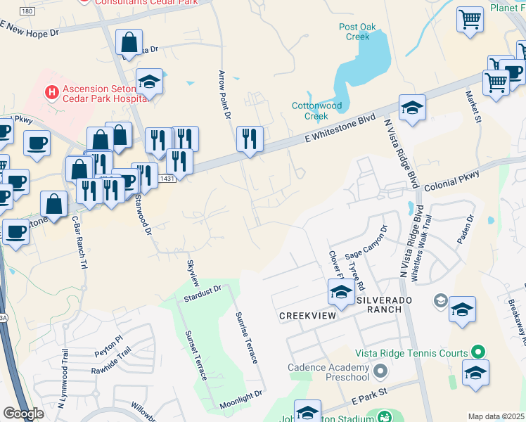 map of restaurants, bars, coffee shops, grocery stores, and more near 716 Glacial Stream Lane in Cedar Park