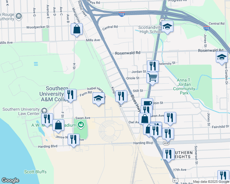 map of restaurants, bars, coffee shops, grocery stores, and more near 905 Grebe Street in Baton Rouge