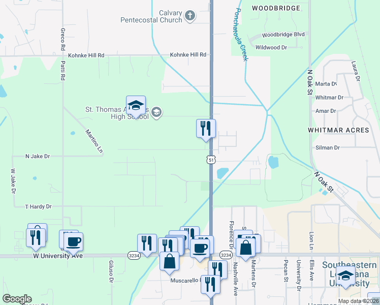map of restaurants, bars, coffee shops, grocery stores, and more near 14604 West David Drive in Hammond