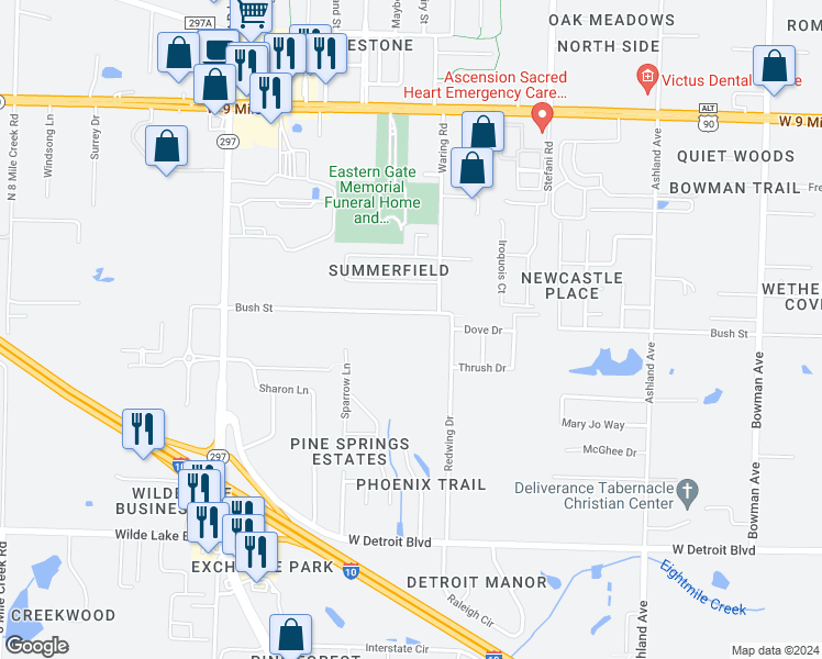 map of restaurants, bars, coffee shops, grocery stores, and more near 2063 Bush Street in Pensacola