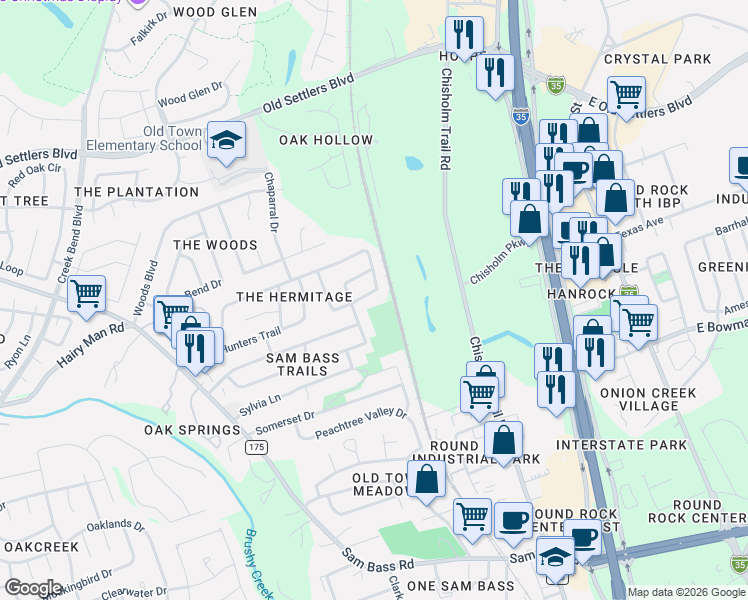 map of restaurants, bars, coffee shops, grocery stores, and more near 1507 Latigo Trce in Round Rock