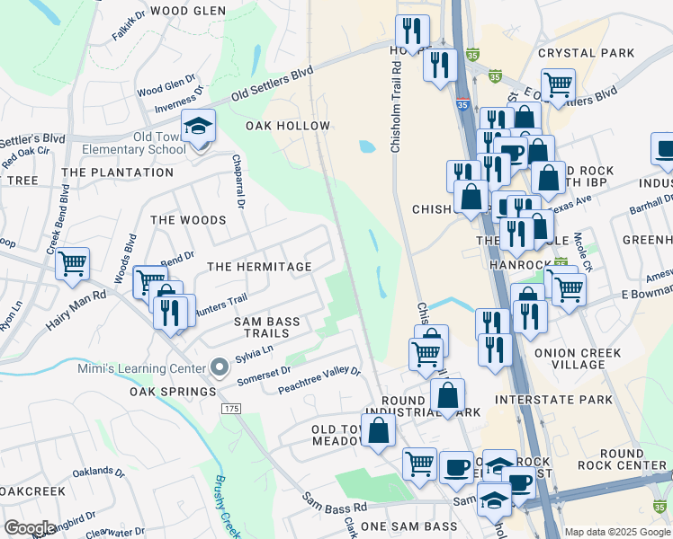 map of restaurants, bars, coffee shops, grocery stores, and more near 1503 Latigo Trce in Round Rock
