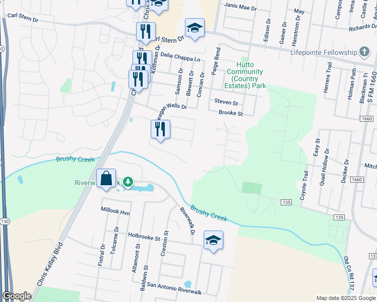 map of restaurants, bars, coffee shops, grocery stores, and more near 2007 Wells Bend in Hutto