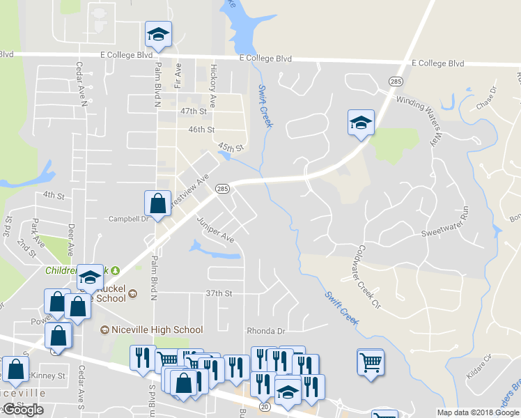 map of restaurants, bars, coffee shops, grocery stores, and more near 140 Adams Street in Niceville
