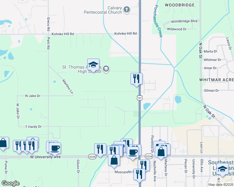 map of restaurants, bars, coffee shops, grocery stores, and more near 14562 West David Drive in Hammond