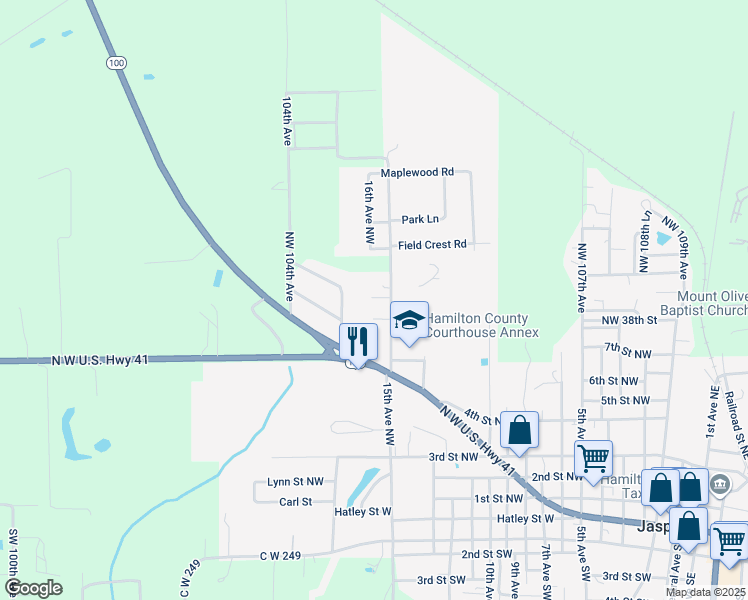 map of restaurants, bars, coffee shops, grocery stores, and more near 300 Chan Bridge Drive in Jasper