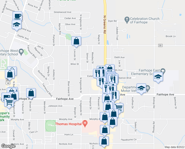 map of restaurants, bars, coffee shops, grocery stores, and more near 805 Estella Street in Fairhope