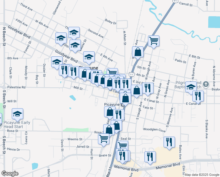 map of restaurants, bars, coffee shops, grocery stores, and more near 101 Rester Street in Picayune