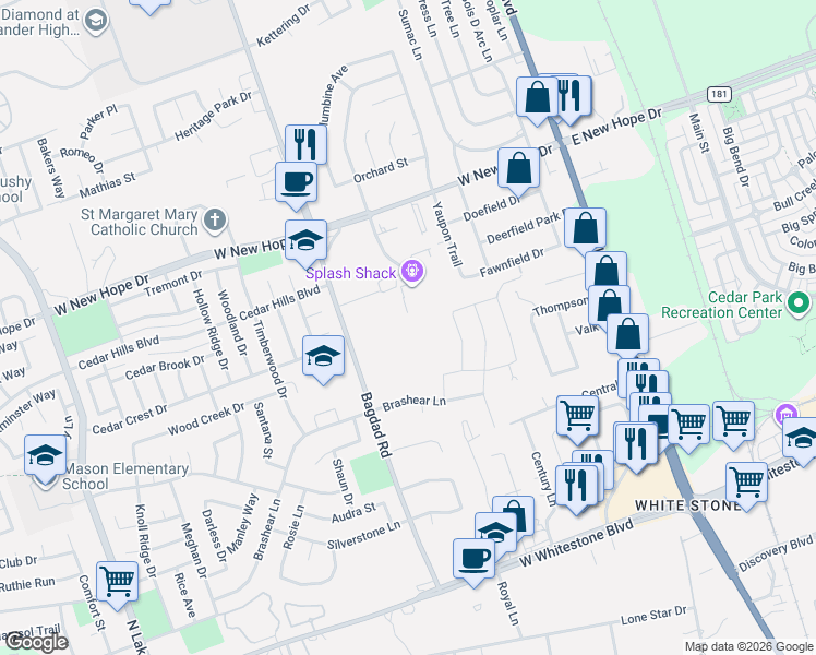 map of restaurants, bars, coffee shops, grocery stores, and more near 1700 Bagdad Road in Cedar Park