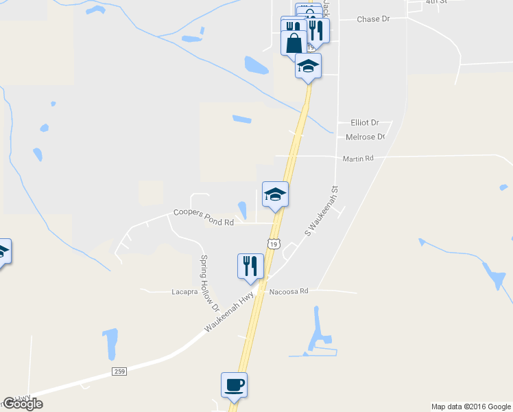map of restaurants, bars, coffee shops, grocery stores, and more near 1485 Hampton Place in Monticello