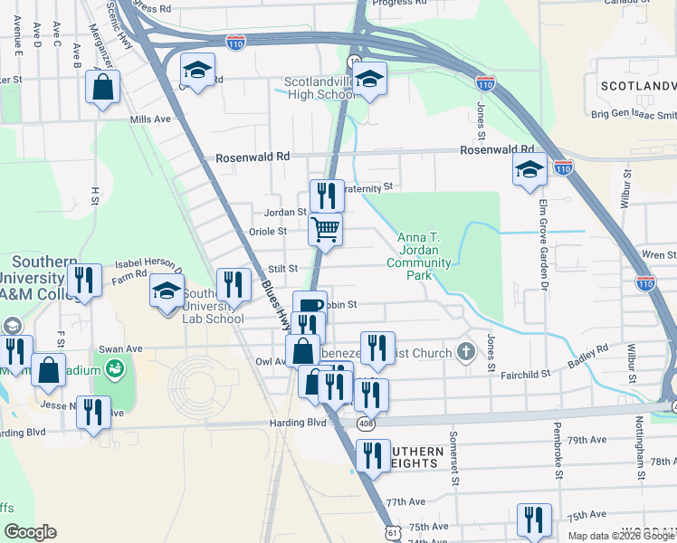 map of restaurants, bars, coffee shops, grocery stores, and more near 1440 Stilt Street in Baton Rouge