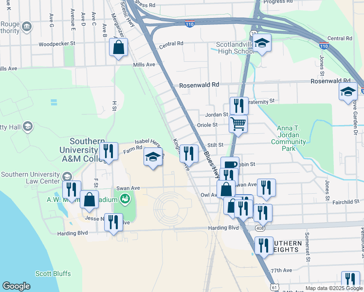 map of restaurants, bars, coffee shops, grocery stores, and more near 905 Grebe Street in Baton Rouge