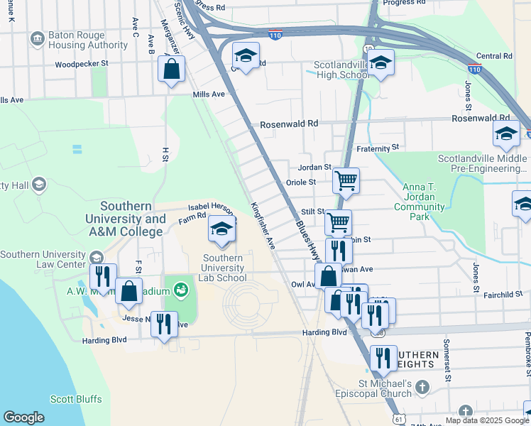 map of restaurants, bars, coffee shops, grocery stores, and more near 957 Grebe Street in Baton Rouge