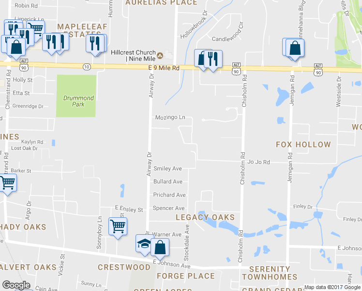 map of restaurants, bars, coffee shops, grocery stores, and more near 8691 Norstum Drive in Pensacola