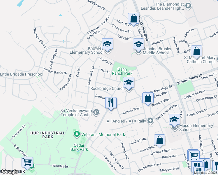 map of restaurants, bars, coffee shops, grocery stores, and more near 2107 East Gann Hill Drive in Cedar Park