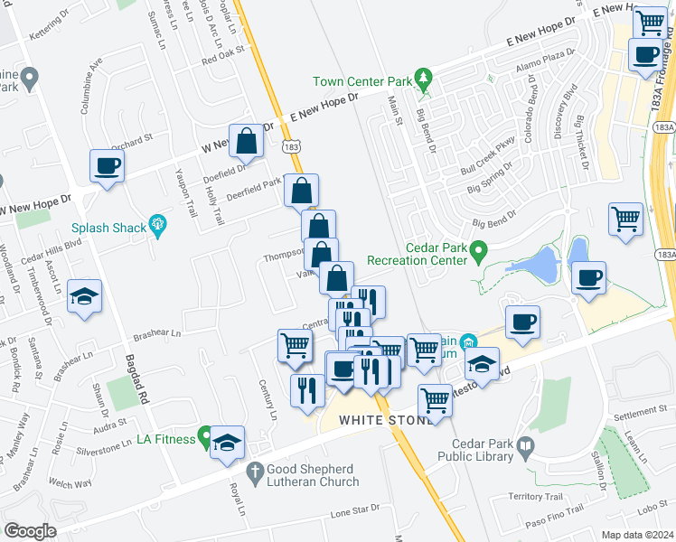 map of restaurants, bars, coffee shops, grocery stores, and more near 1408 N Bell Blvd in Cedar Park