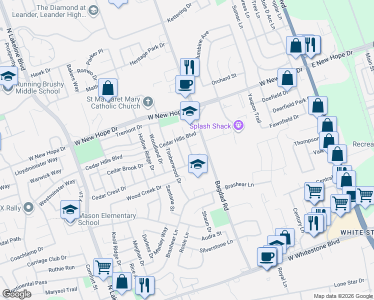 map of restaurants, bars, coffee shops, grocery stores, and more near 909 Hillery Cove in Cedar Park