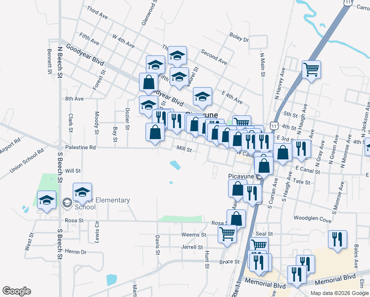 map of restaurants, bars, coffee shops, grocery stores, and more near 629 Mill St in Picayune