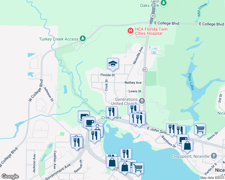 map of restaurants, bars, coffee shops, grocery stores, and more near 220 Palmetto Avenue in Niceville