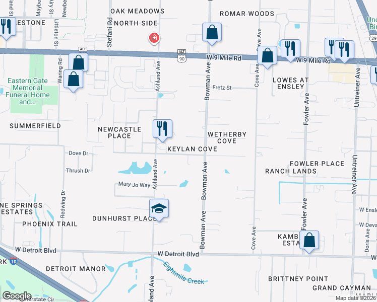 map of restaurants, bars, coffee shops, grocery stores, and more near 1447 Keylan Cove in Pensacola
