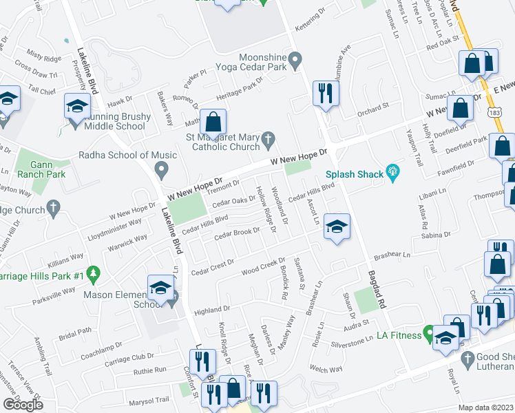 map of restaurants, bars, coffee shops, grocery stores, and more near 1103 Cedar Hills Boulevard in Cedar Park