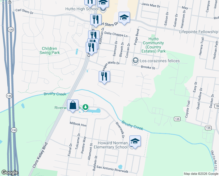 map of restaurants, bars, coffee shops, grocery stores, and more near 1112 Enclave Way in Hutto