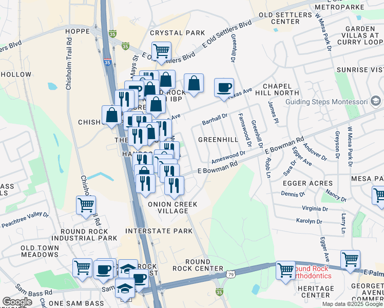 map of restaurants, bars, coffee shops, grocery stores, and more near 1813 Aberdeen Drive in Round Rock