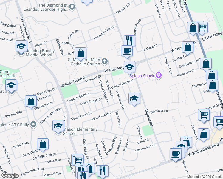 map of restaurants, bars, coffee shops, grocery stores, and more near 1807 Woodland Drive in Cedar Park