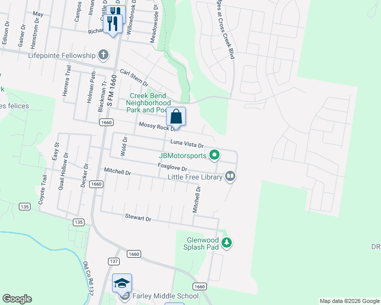 map of restaurants, bars, coffee shops, grocery stores, and more near 224 Camellia Drive in Hutto