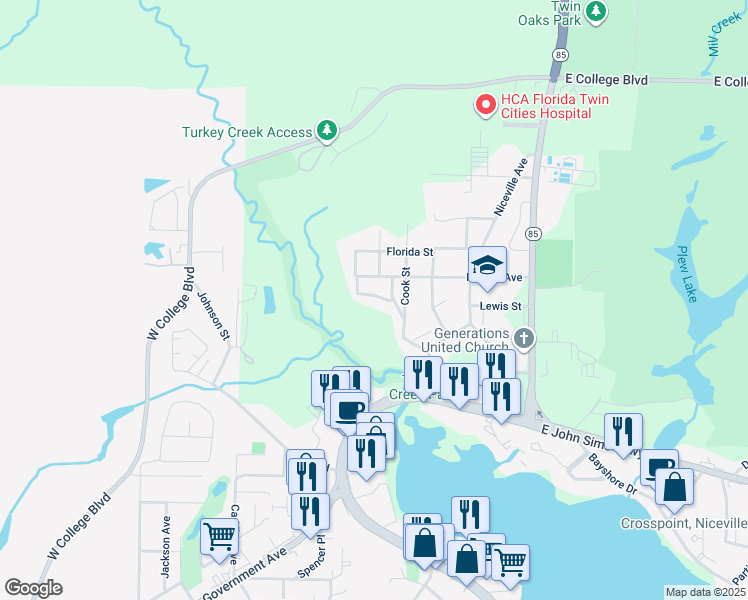 map of restaurants, bars, coffee shops, grocery stores, and more near 117 Big Oaks Lane in Niceville