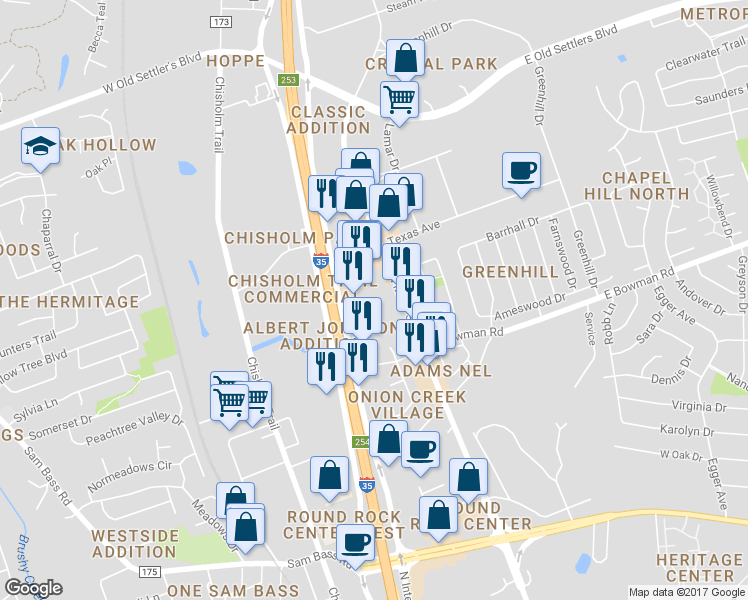 map of restaurants, bars, coffee shops, grocery stores, and more near 1826 North Mays Street in Round Rock