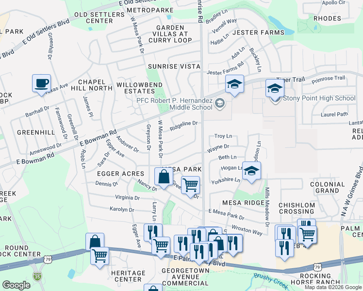 map of restaurants, bars, coffee shops, grocery stores, and more near 1007 Long Meadow Drive in Round Rock