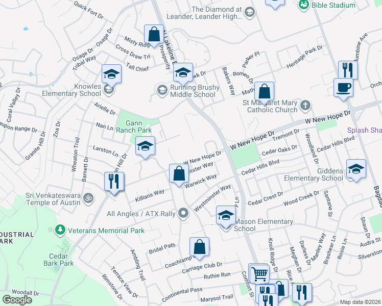 map of restaurants, bars, coffee shops, grocery stores, and more near 1701 West New Hope Drive in Cedar Park