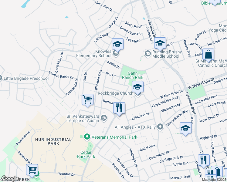 map of restaurants, bars, coffee shops, grocery stores, and more near 2302 Larston Lane in Cedar Park