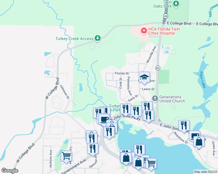 map of restaurants, bars, coffee shops, grocery stores, and more near 117 Big Oaks Lane in Niceville