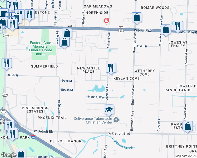 map of restaurants, bars, coffee shops, grocery stores, and more near 8807 Ridgebrook Court in Pensacola