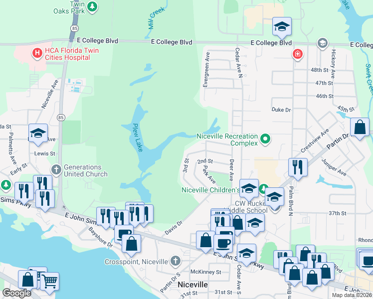 map of restaurants, bars, coffee shops, grocery stores, and more near 135 3rd Street in Niceville