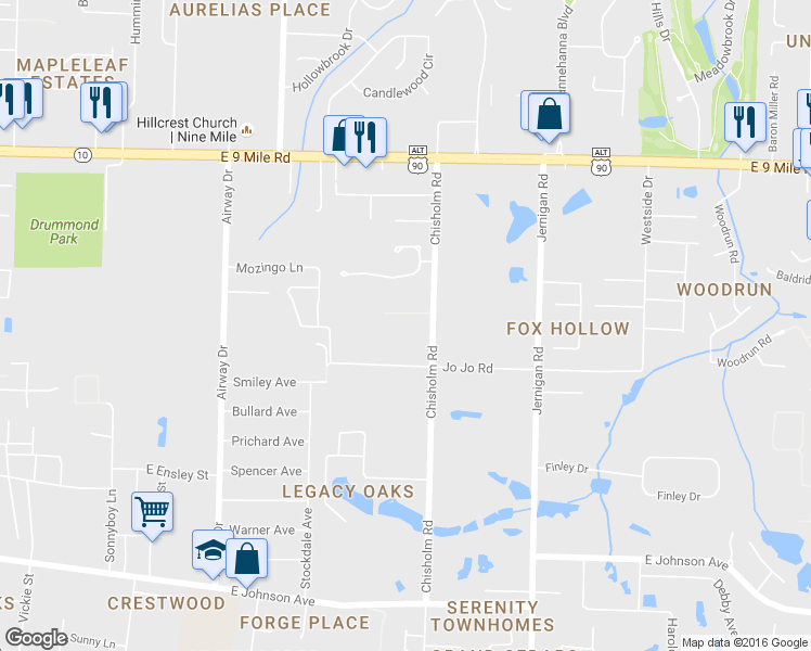 map of restaurants, bars, coffee shops, grocery stores, and more near 9029 Chisholm Road in Pensacola