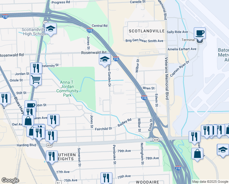 map of restaurants, bars, coffee shops, grocery stores, and more near 8772 Elm Grove Garden Drive in Baton Rouge